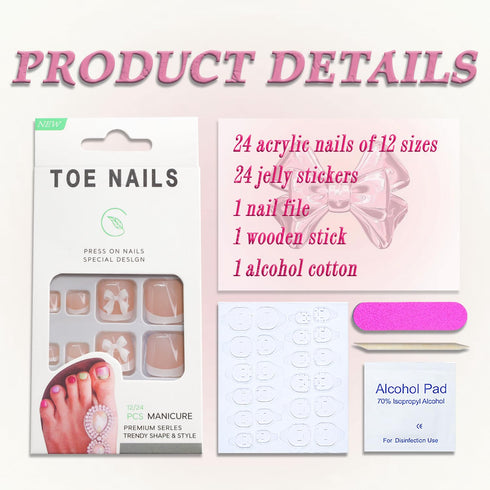 Square Fake Toenails Glossy French Press on Toenails - Nude Pink Short Acrylic False Toes Nails with 5D Bow Designs, 24