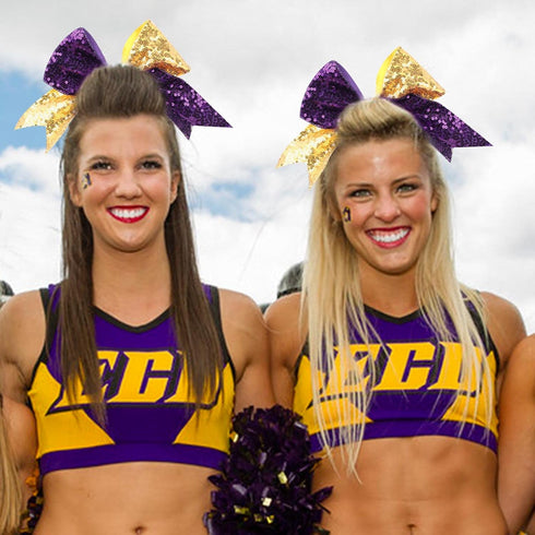 Oaoleer 12 Count 7" Hair Ties for Girls - Large Sparkly Sequin Glitter Cheer Bows, Purple & Gold