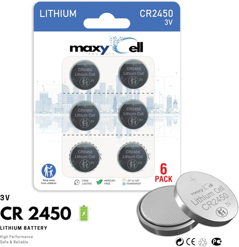 MaxyCell 2450 CR2450 3V DL2450 (6 Pack) Lithium Coin Cell Battery High-Capacity Long-Lasting Reliable Power