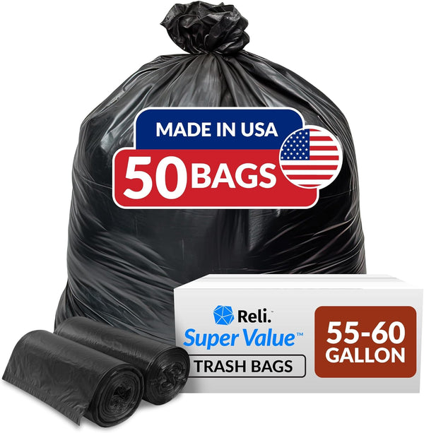 Reli. Heavy Duty Trash Bags - 55-60 Gallon, 50 Large Black Garbage Bags, Made in USA