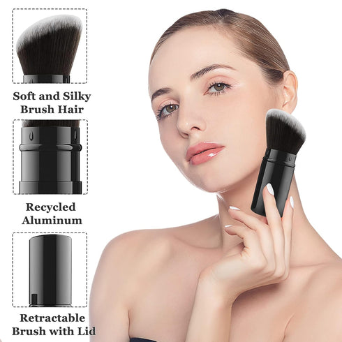 Falliny Retractable Makeup Brush, Angled Kabuki Powder Foundation Brush, Travel Face Blush Brush with Cover
