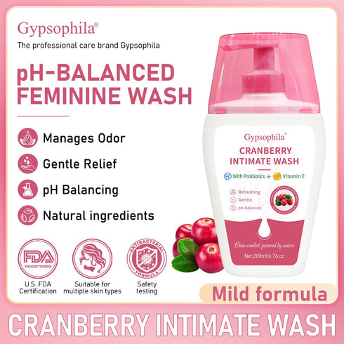 Gypsophila wash,Non-Irritating,6.76 Oz Cranberry Feminine Wash For Intimate Area Hygiene,pH Balance and Vitamin E