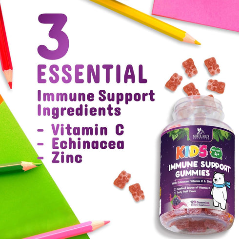 Immune Support Gummies for Kids & Toddlers, 120 Gummies, with Vitamin C, Zinc & Echinacea, Natural Berry Flavor