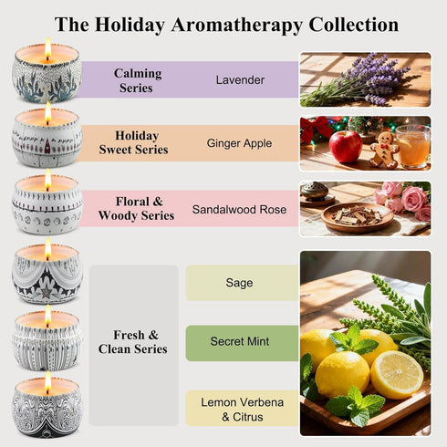 Set 6 Pack 5.7oz 30-35 Candle for Women Gift, Scented Candles, Large Natural Soy Wax Candles in Tins, Stress Relief