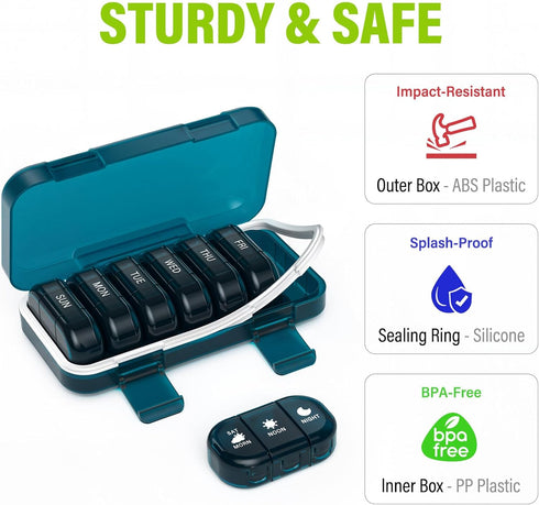 Vikie 3 (3x7 Weekly Pill Organizer Times a Day with Morn NOON Night Sections, BPA-Free, Portable & Moisture-Proof