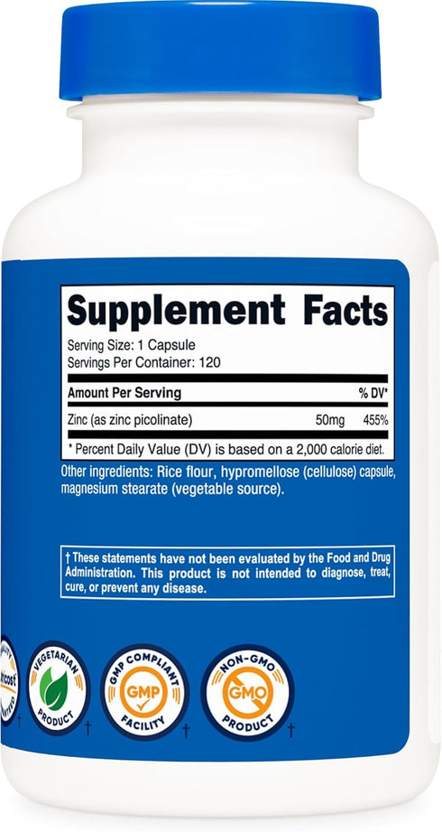 Nutricost Zinc Picolinate 50mg, 120 Vegetarian Capsules - Gluten Free, Non-GMO