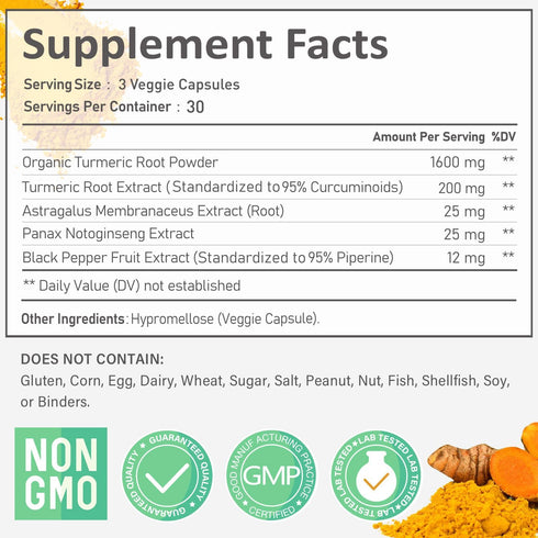 Sweerneri 1800mg 95% Inflammation Immune 90 Turmeric Curcumin with Curcuminoids & Black Pepper High Absorption Formula