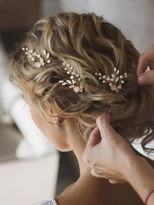 SWEETV Hair Pins, 3Pcs Bridal Hair Accessories, Pearl Wedding Hair Pins, Leaf Bridal Head Piece for Women