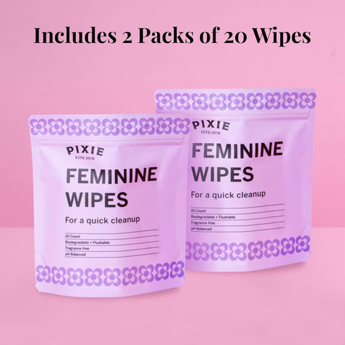 Packet (2 Packs 20) Pixie Feminine Wipes - Flushable, Biodegradable, & Ph Balanced - Individually Wrapped Wipes for On