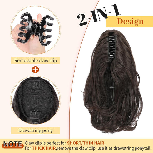 KooKaStyle Ponytail Extension, 10" Short Claw Clip in Curly Wavy Synthetic Ponytail Hair Pieces, Dark Brown
