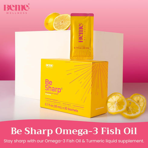 BeMe Be Sharp Omega 3 Brain Supplement - Liquid Omega 3, Turmeric Curcumin - 30 Day Supply for Concentration, Memory