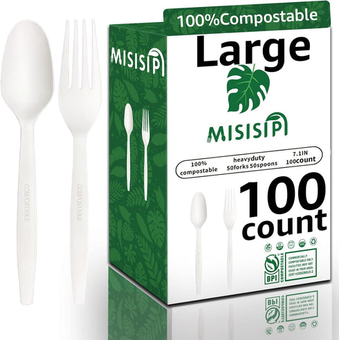 100% Compostable Heavy Duty Forks and Spoons, Biodegradable Disposable Cutlery for Parties, BBQ, Weddings