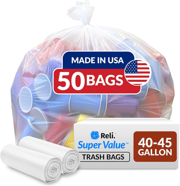 Reli. SuperValue 40-45 Gallon Trash Bags | 50 Count | Heavy Duty | Clear Multi-Use Garbage Bags