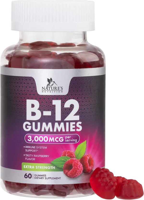 B12 Gummies for Adults, Extra Strength Energy 3000 mcg, Chewable Dietary Supplement for Metabolism & Immune Support