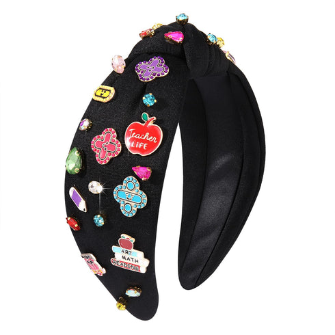 Teacher Headband Accessories, Colorful Rhinestone Crystal Jeweled Black Wide Top Knot Headband