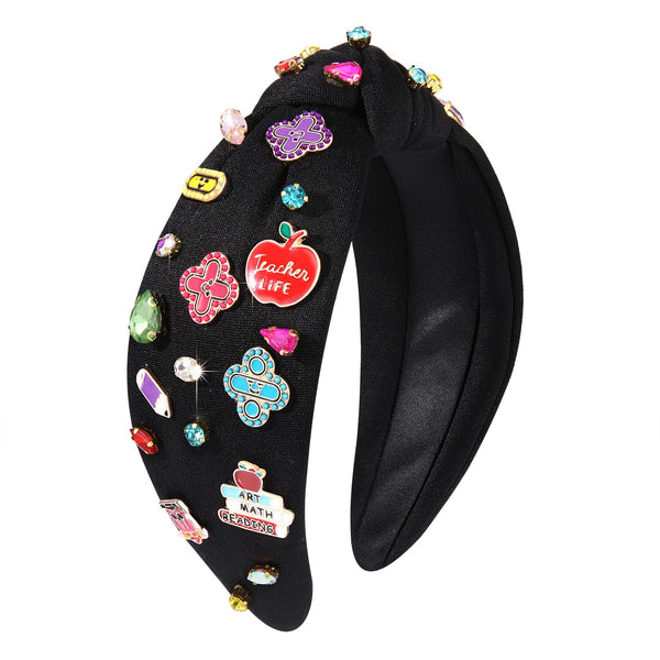 Teacher Headband Accessories, Colorful Rhinestone Crystal Jeweled Black Wide Top Knot Headband