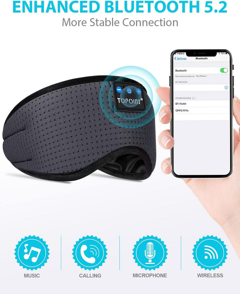 TOPOINT Wireless Bluetooth Sleep Headphones Eye Mask with Microphone, Handsfree, Silk Sleep Mask for Side Sleepers