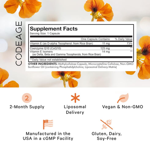 Codeage Liposomal CoQ10 Supplement - 125 mg Coenzyme Q10 with Vitamin E Isomers, 2-Month Supply, Vegan, Non-GMO,