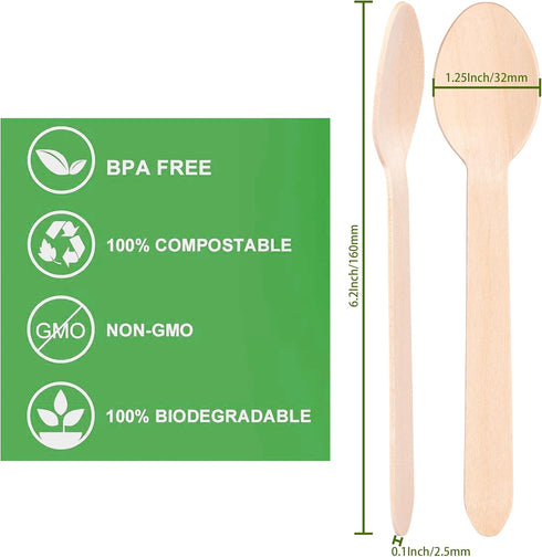 Disposable Wood Cutlery Spoons - 100 Pack Wooden Spoons Disposable,Biodegradable and Earth Friendly, 6.3 Inch Length Wood Spoons
