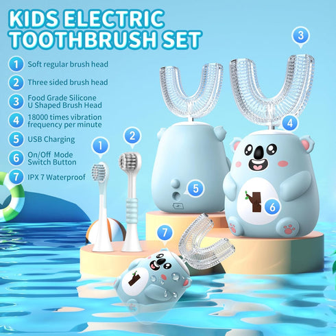 QDCYP Toothbrush,6 Modes,4 Heads,IPX7 360 (6-12 Kids U Shaped Electric Cleaning Brush Waterproof,Automatic Sonic
