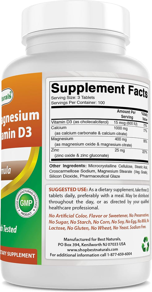 Best Naturals Calcium Magnesium Zinc with Vitamin D3, 300 Tablets, 1000 mg Calcium, 400 mg Magnesium