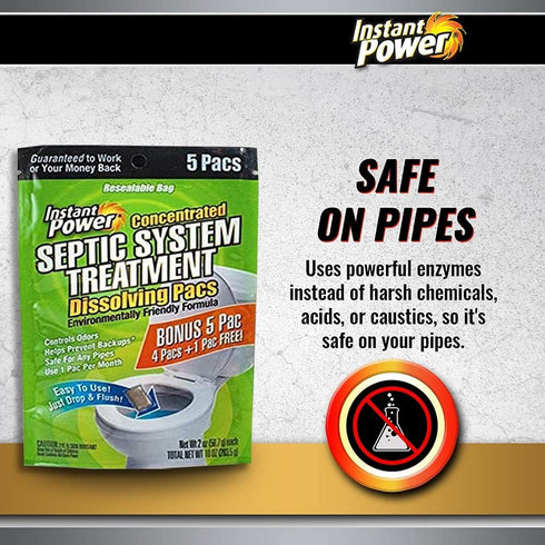 Instant Power Concentrated Septic System Treatment - Dissolving Pacs, Controls Odors, Safe on Pipes, 5 Pacs