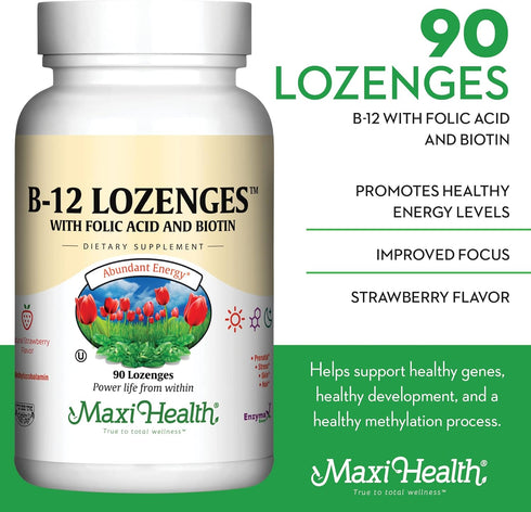 Vitamin B12 Lozenges with Folic Acid and Biotin, Strawberry Flavor, 90 Count