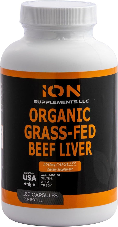Ion Supplements LLC 100% Organic Grass Fed Beef Liver Capsules (180 Caps) - Pasture Raised