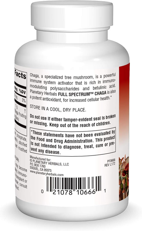 Planetary Herbals Chaga Full Spectrum, 60 Tablets, Enhance Cellular Immunity
