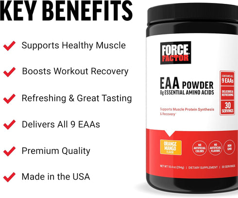 Force Factor Essential Amino Acids, Full Spectrum EAAs Amino Acids Powder, Amino Acids Supplement for Women and Men to Support Healthy Muscle and Workout Recovery, Orange Mango, 30 Servings