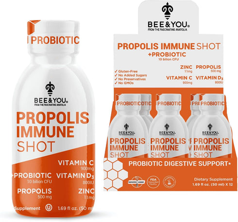 BEE and You Propolis Immune Shot - Probiotic, Vitamin C, Vitamin D3, Zinc for Immune Support, Gut Health, Digestive