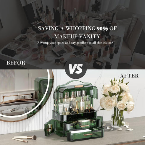 LINFIDITE Large Makeup Organizer Box, Transparent Lid, Portable Handle, Waterproof Dustproof Skincare Display Case
