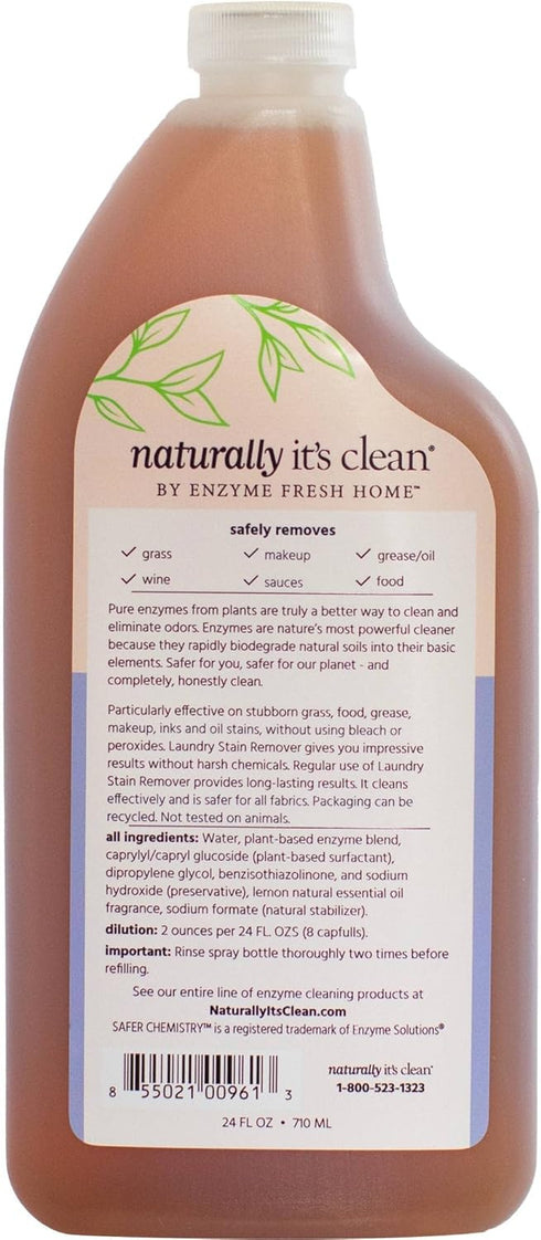 Naturally It's Clean Refill Enzymatic Laundry Stain Remover and Odor Eliminator| Fabric Safe Stain Sprayer Refill Removes Coffee, Grease, Wine, Stubborn Stains and Odor | 24oz Concentrate