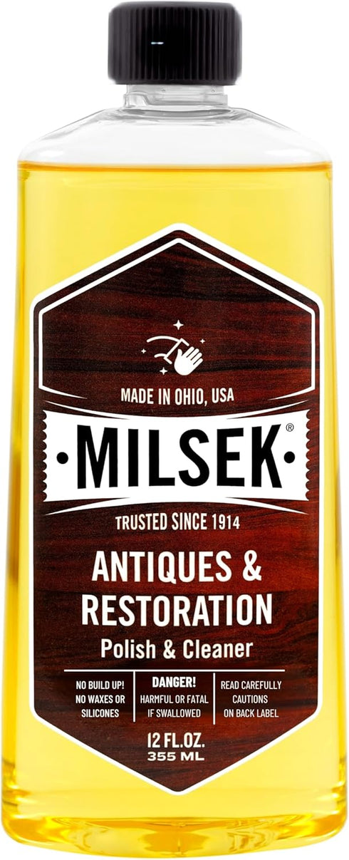 Milsek Antiques & Restoration Polish & Cleaner, 12 Fl Oz, Essential Cleaning Supplies for Wood Antiques and Heirlooms