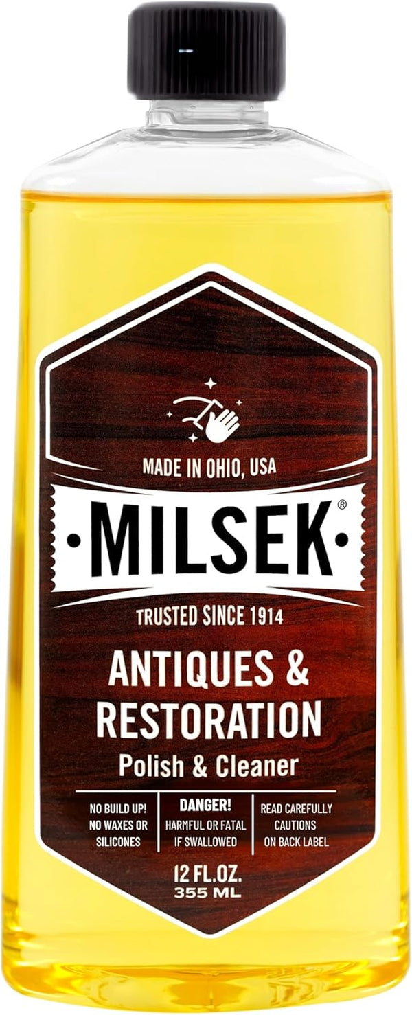 Milsek Antiques & Restoration Polish & Cleaner, 12 Fl Oz, Essential Cleaning Supplies for Wood Antiques and Heirlooms
