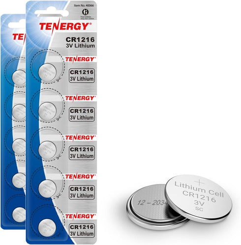 Tenergy CR1216 3V Lithium Button Cell Battery, 10 Pack for Watches, Mini LED Lights, Forehead Thermometers