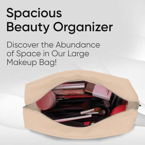 Large Beige Makeup Bag, Nylon Cosmetic Pouch, Travel Makeup Organizer Bag, Makeup Case, Cosmetic Travel Bag
