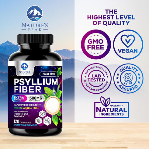 Psyllium Husk Powder Caps 1500mg | 120 Capsules | Non-GMO, Vegan Fiber Supplement for Digestive Health