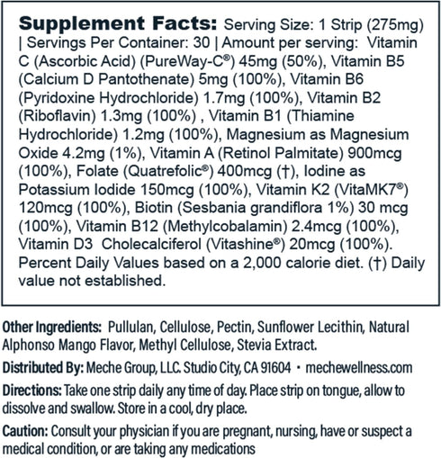 Meche Multivitamin Rapid Release Strips - Vitamins A, C, D, B6, B12, Magnesium, Biotin, Folic Acid, Sugar Free,