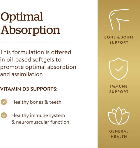 Solgar Vitamin D3 (Cholecalciferol) 125 MCG (5000 IU), 100 Softgels - Immune System Support, Helps Maintain Healthy