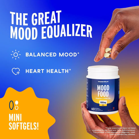 Omega-3 1000mg 60 Count Oceanblue Essentials Mood Food | Triple Strength Fish Oil EPA for Mood Support | Burpless Mini