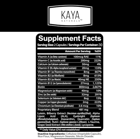 Kaya Naturals Eye Health Supplement - Lutein & Zeaxanthin - Supports Eye Strain, Dry Eyes, and Vision Health - Clinically Proven Ingredients 800mg Vitamin Supplement - 60 Count