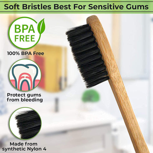 12 Count Bamboo Toothbrush, Soft Bristles for Sensitive Gums, Charcoal, Vegan, Natural Wood, BPA Free