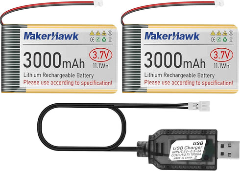 MakerHawk 2PCS 3.7V 3000mAh LiPo Battery Rechargeable 103665 JST1.25 Plug Lithium Polymer Battery