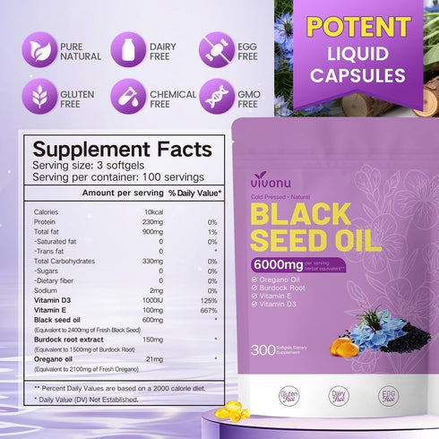Pressed,6000mg,300 Count 9-in-1 E&D3 Non-GMO,Immune VivoNu Black Seed Oil Capsules, Black Seed Oil Organic Cold |