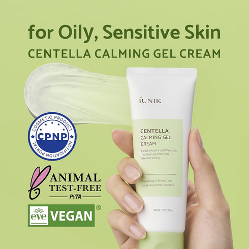 IUNIK Centella 70% Calming Gel Cream Vegan Non-Sticky Moisturizing Blemish Care w/Centella Asiatica Tea Tree 10% Soothes Acne Rosacea Oily & Sensitive Skin Korean Skincare