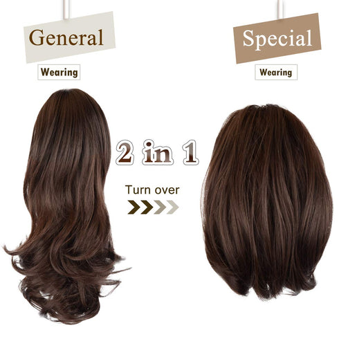 Sofeiyan 13" Ponytail Extension, Long Curly Clip in Claw Hair Extension for Women, Dark Brown & Dark Auburn Mixed