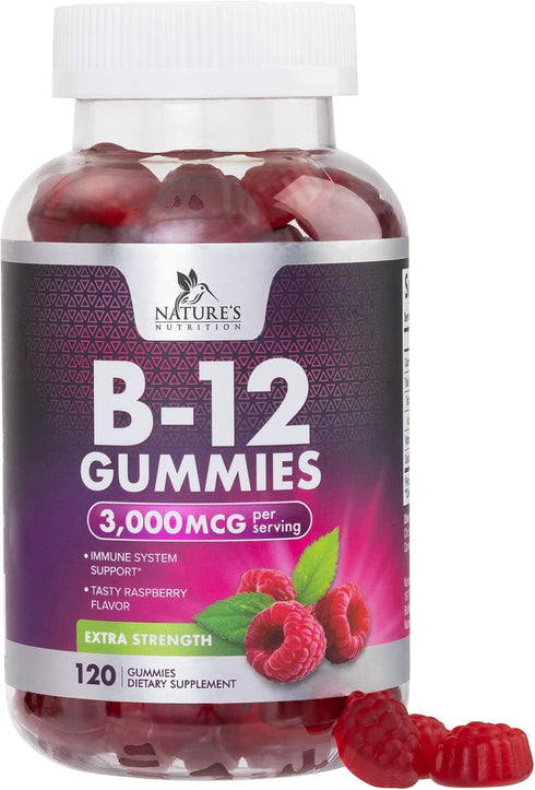 B12 Energy Gummy, Extra Strength 3000 mcg Vitamin B12, Chewable Supplement for Adults & Kids, Immune System Support,