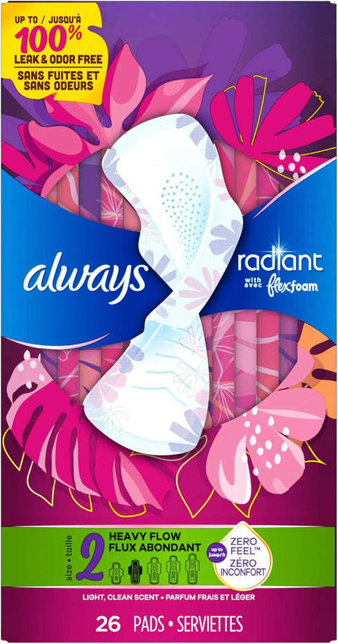 Always Radiant Feminine Pads for Women, Flexfoam Pads with Wings, Size 2, Heavy Absorbency, 78 Count