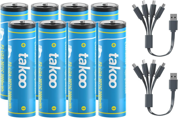 TAKOO Lithium AA/AAA Batteries 4/8 Pack, Rechargeable Double A/Triple A Battery 1.5V 3000mWh/880mWh